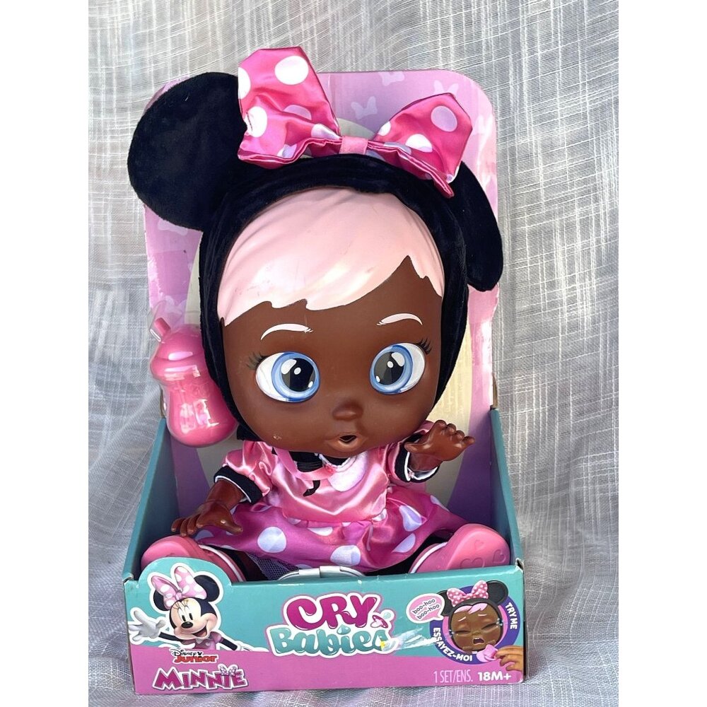 Disney Cry Babies Minnie Mouse Baby Doll, Pink, 12" Pink Polka-dotted Dress NEW